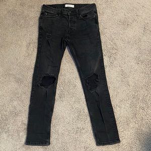 Mens Topman Skinny Ripped Jeans, Size 30x30, Washed Black.